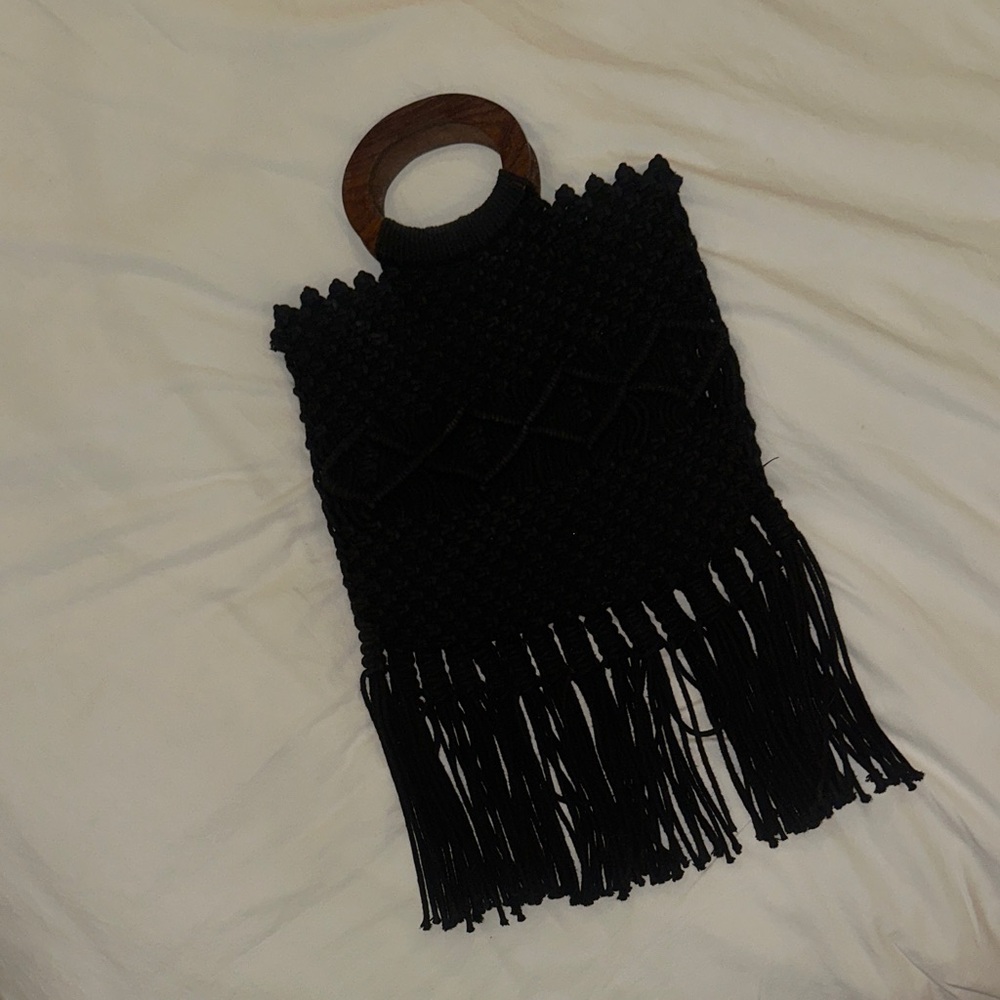 Danielle Nicole Black Fringe Mini Bag with Wooden Handle
